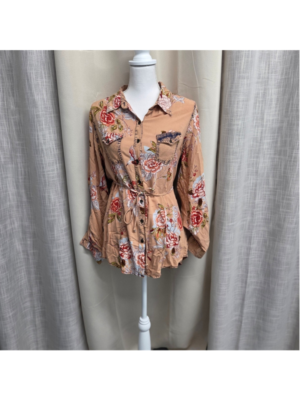 Lola P Peach Floral Button-Down Shirt L Western Boho Whimsigoth Fairycore Rustic